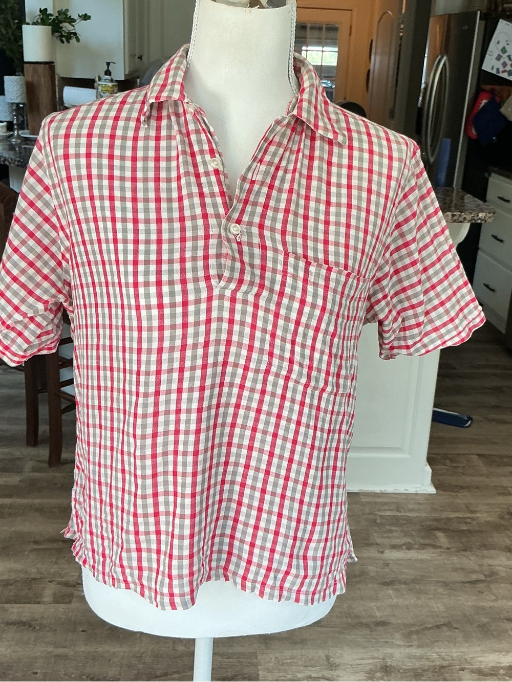 Vtg 1950s Hathaway Aertex Gingham Popover Shirt Red Grey Mesh England Rockabilly